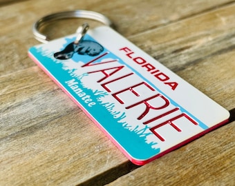 Personalized engraved Florida Manatee License Plate Replica Keychain - Key Ring - Key Tag - Any Name Made to Order