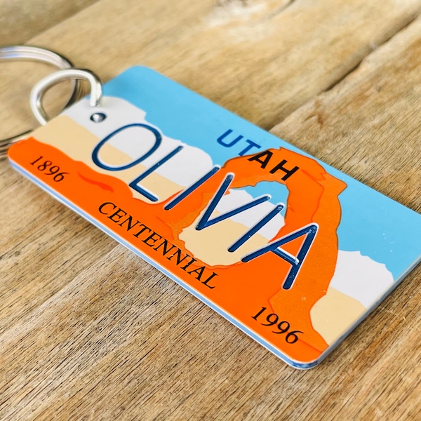 Personalized Utah Centennial License plate Engraved keychain - Key Ring - Key Tag - Any Name Made to Order