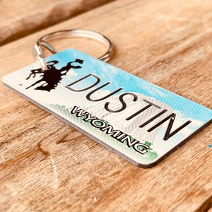 Personalized Engraved Wyoming License Plate Replica Keychain - Key Ring - Key Tag - Any Name Made to Order