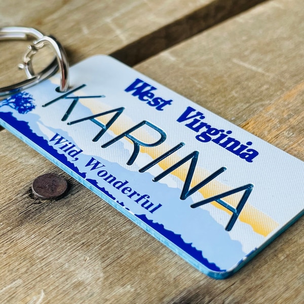 Personalized Engraved West Virginia License Plate Keychain - Key ring - Key Tag - Any Name Made to Order