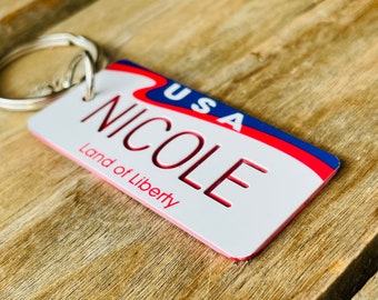 Personalized USA Engraved License Plate Keychain - Land of Liberty - Key Ring Key Tag - Any Name Made to Order