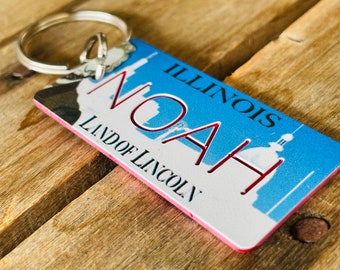 Personalized Engraved Illinois License Plate Replica Keychain - Key Ring - Key Tag - Any Name Made to Order