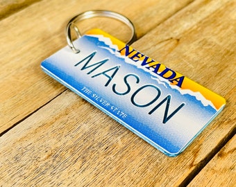 Personalized Nevada License Plate engraved Keychain - The Silver State - Key Ring - Key Tag - Any Name Made to Order