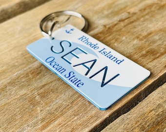 Personalized Rhode Island engraved License Plate - Ocean State - Key Ring - Key Tag - Any Name Made to Order