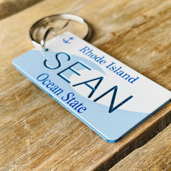 Personalized Rhode Island engraved License Plate - Ocean State - Key Ring - Key Tag - Any Name Made to Order