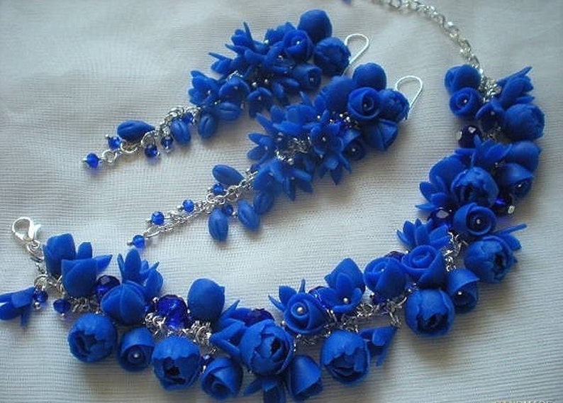 jewelry Earrings with blue flowers and lovely bracelet,Gift for her,Dangle Statement Earrings,polymer clay flower bracelets,Decoration