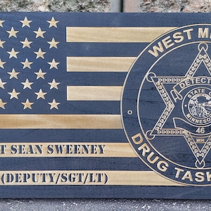 Distressed American Wood Flag Police Officer Badge Patch Law Enforcement Memorial Retirement, Plaque, Sheriff Deputy, 24"x11 1/4"x 3/4"