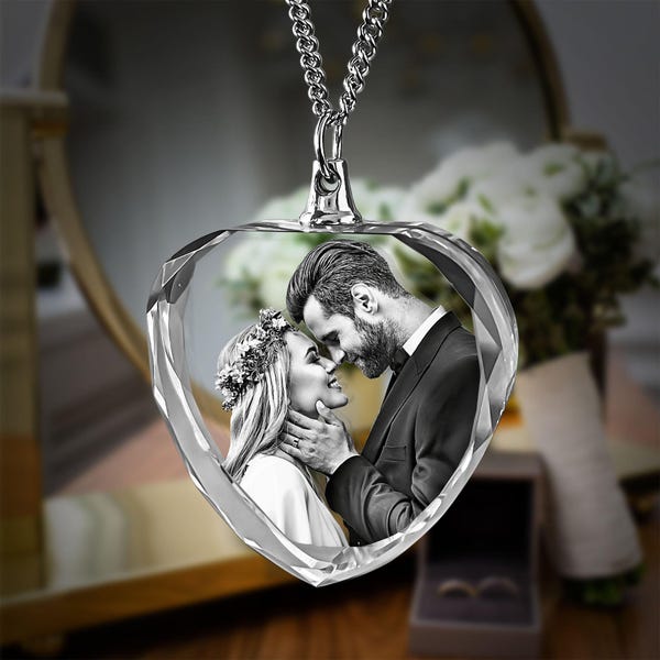 3D Photo Crystal Heart Shaped Necklace Custom Engraved Personalized Gift, Mother's Day, Father's Day, Valentine's, Mom, Dad, Pet