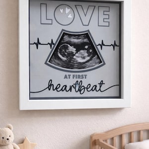 Love at First Heartbeat Baby Ultrasound Sonogram Photo Picture Frame, Baby Shower Gift, Gift for New Parents and Expecting Shadow Box 8"x8"