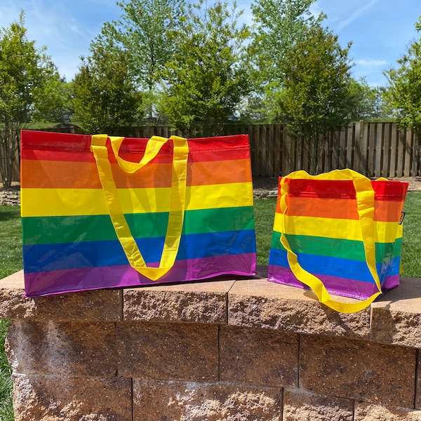 rainbow tote! IKEA kvanting & storstomma + PRIDE ! multicolor tote for grocery + storage + shopping + reusable rainbow carryall bag