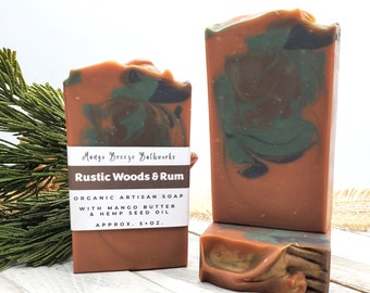 SALE!  Was 7.50 Rustic Woods & Rum Organic Artisan Soap/Masculine/Handcrafted/Phthalate Free/Mango Butter/Hemp Oil/Body Care/Vegan/Bar Soap