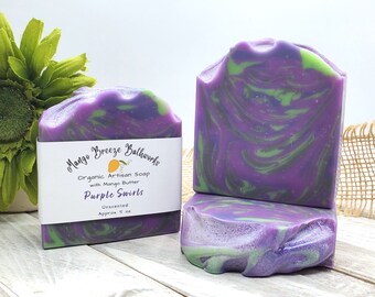 SALE!  Was 7.50 Purple Swirls Unscented Organic Artisan Soap/Handcrafted/Fragrance Free/Mango Butter/Hemp Oil/Body Care/Vegan/Bar Soap