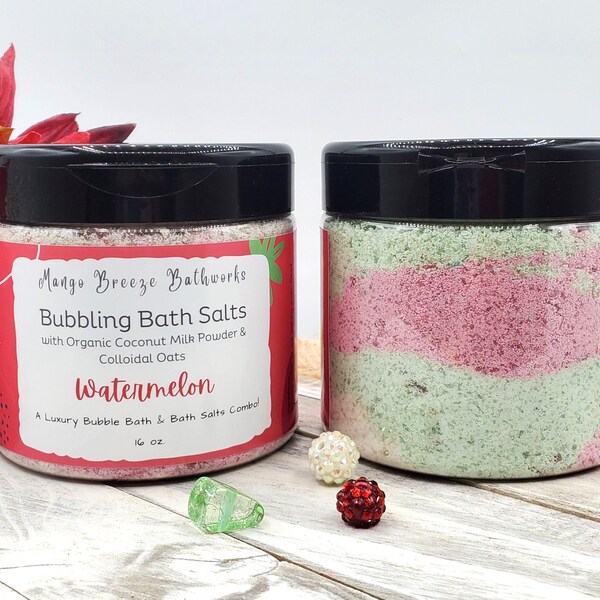 SALE! Was 15.00 Watermelon Bubbling Bath Salts/Bubble Bath/Foaming Bath/Epsom Salts/Coconut Milk/Oats/Phthalate Free/Bath and Body/Spa