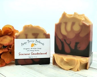 SALE!  Was 7.50 Sensuous Sandalwood Organic Artisan Soap/Handcrafted/Earthy/Phthalate Free Fragrance/Mango Butter/Hemp Oil/Body Care/Vegan