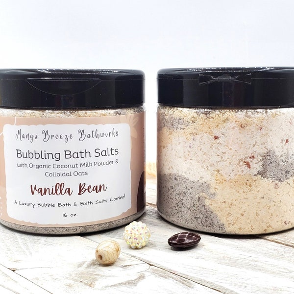 SALE! Was 15.00 Vanilla Bean Bubbling Bath Salts/Bubble Bath/Foaming Bath/Epsom Salts/Coconut Milk/Oats/Phthalate Free/Spa Products