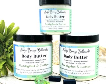 SALE! Was 8-15.00 Eucalyptus & Cotton Emulsified Body Butter/Won't Melt/Clean Scent/Phthalate Free/Moisturizer/Body Cream/Dry Skin Care