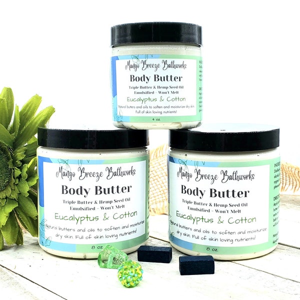 SALE! Was 8-15.00 Eucalyptus & Cotton Emulsified Body Butter/Won't Melt/Clean Scent/Phthalate Free/Moisturizer/Body Cream/Dry Skin Care