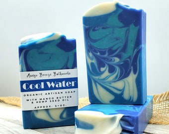 SALE!  Was 7.50 Cool Water Organic Artisan Soap/Masculine/Handcrafted/Phthalate Free/Mango Butter/Hemp Oil/Body Care/Vegan/Bar Soap