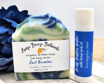 SALE! Was 11.50 Just Breathe/Organic Artisan Soap & Body Butter Dial Up Tube/Eucalyptus Peppermint Essential Oils/ Moisturizer/Hemp Oil