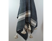 Moroccan Pom Pom blanket and throw, cotton blanket, Bohemian blanket, Berber blanket, Hand woven, Handmade blanket, Bedspread, Bed cover.