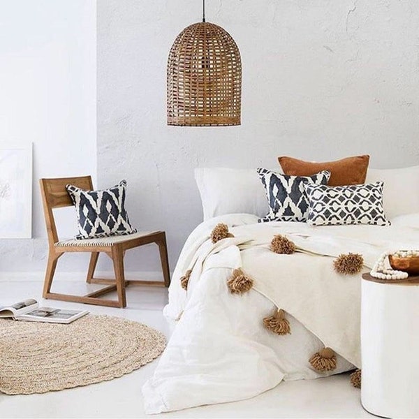 Manta de pompón marroquí, manta marroquí, manta de tiro marroquí, pompones, manta boho, funda de cama, puede elegir cualquier color del pompón