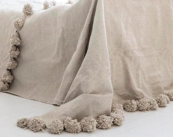 Moroccan Blanket, Moroccan Throw Blanket, Pom Poms, Boho Blanket, Bed Cover, beige blanket, Moroccan Pompom Blanket ivory color