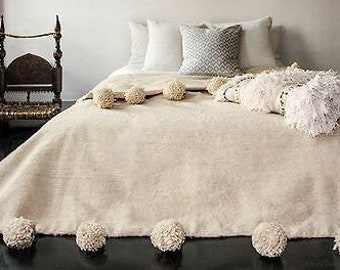Wool Moroccan Pompom Blanket,bedroom blanket , ivory pompoms blanketmoroccan throw blanket , pompom blanket , pompom blanket,throw blanket