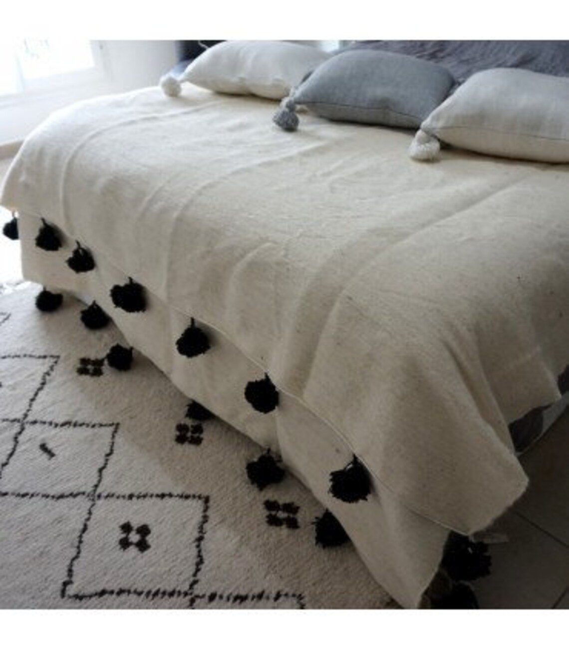 Moroccan Pom Pom Blanket and Throw Cotton Blanket Bohemian Blanket