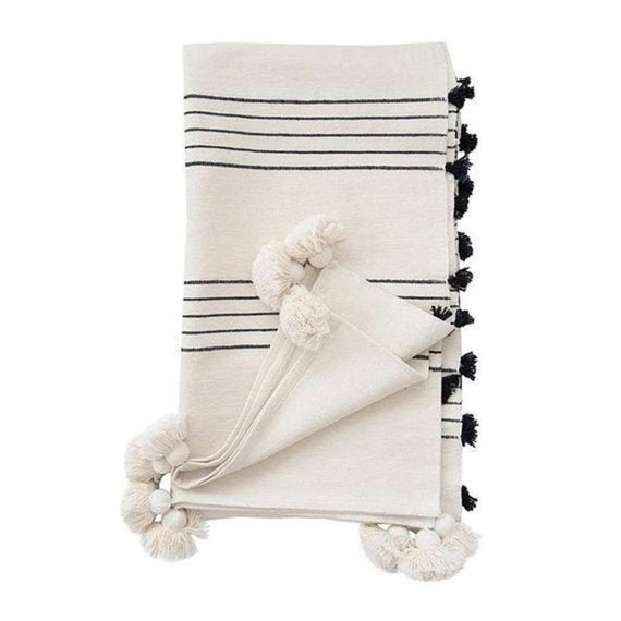 COZY THROW BLANKET White Black Blanket Moroccan Throw Cute Soft Modern Blanket Blanket Wedding Gifts Pom Pom Blanket With Tassels Etsy