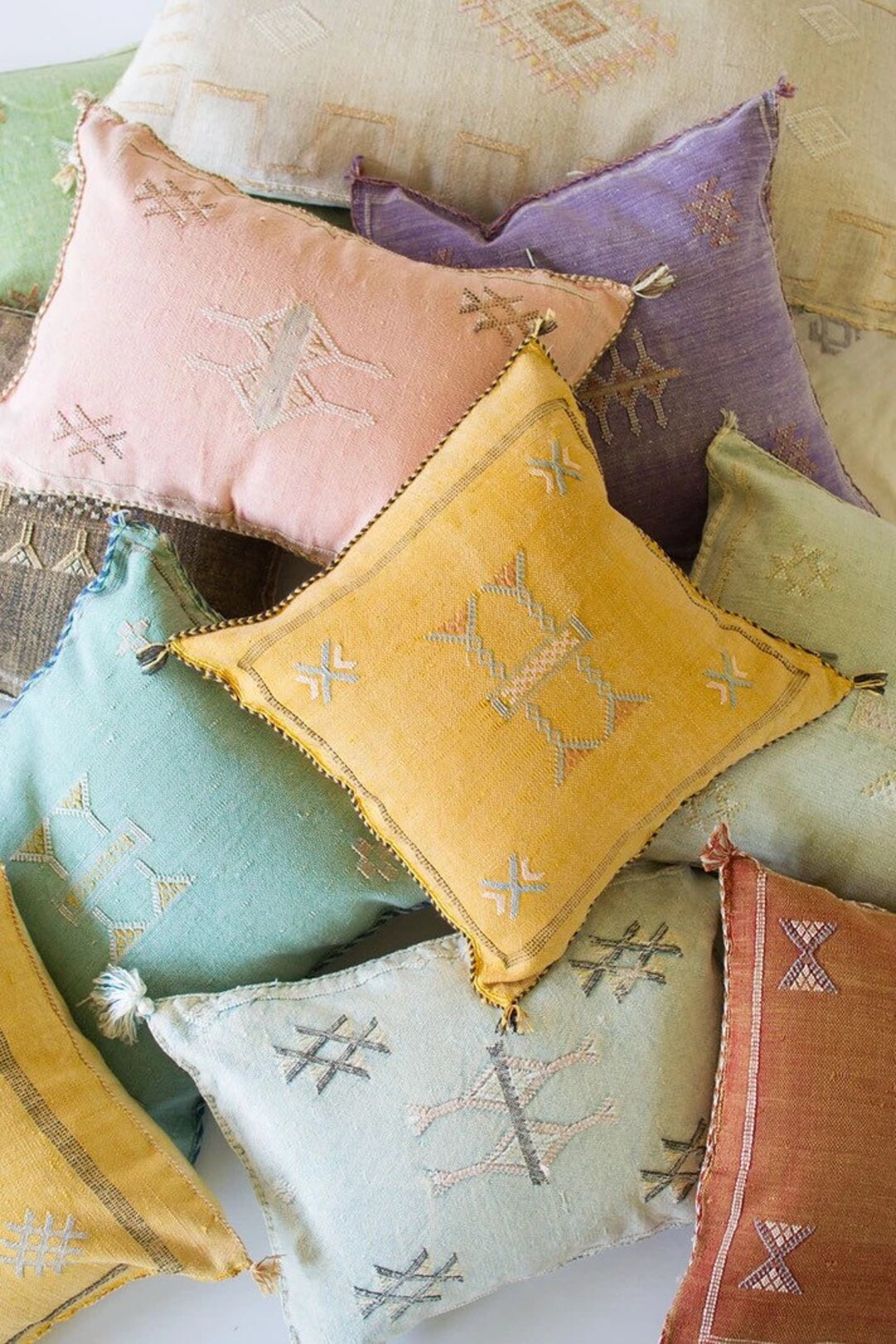 Cactus Silk Pillow Cover, Moroccan Boho Throw Pillow 19x19 , Hand Woven Berber Pillow, Colorful