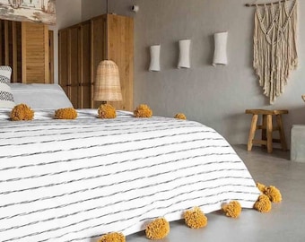 COZY BLANKET, WOVEN Blanket, Customized White And Black Stripes Blanket, Moroccan Pom Pom Cotton Blankets, Housewarming Gift