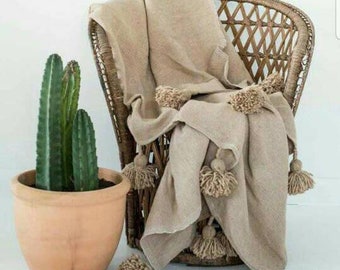 Woven Blanket Moroccan pompom blanket, moroccan pompom throw blanket, cotton blanket, bedroom blanket, bed spread, moroccan bedding