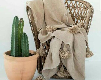 Moroccan blanket with pompom loomed by hand,Moroccan throw, Bohemian blanket, Berber blanket, cotton blanket, Handmade blanket, Bedspread