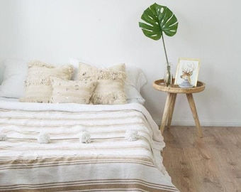 Moroccan Pom Pom Blanket Throw for Sofa or Bed, Hand Woven Cotton, bedroom blanket, moroccan throw blanket, pompom blanket, throw blanket