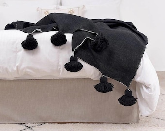 COZY BLANKET, WOVEN Blanket, Customized Black pompoms Blanket, Moroccan Pom Pom Cotton Blankets, Housewarming Gift, boho pompom blanket