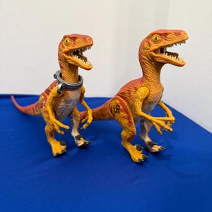 Könnte beinhalten: Zwei orange und gelbe Dinosaurier-Spielzeuge mit detaillierten Hautstrukturen und offenem Maul. Eines hat ein silbernes Halsband. Die Spielzeuge sind auf einer blauen Oberfläche platziert, was auf ein spielerisches oder sammelbares Thema hindeutet.