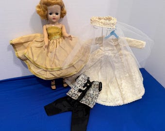 Vintage 1957 Vogue Jill Bent Knee Walker 10” Blonde Walker Doll with Tagged Bridal dress & Formal gown  Wardrobe