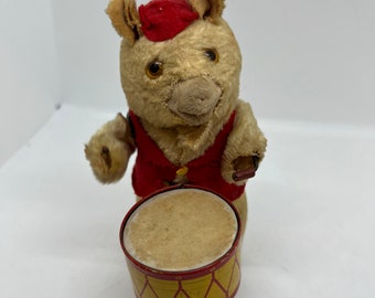 Extreme Rare Mechanical wind up mohair bear toy playing snare drum