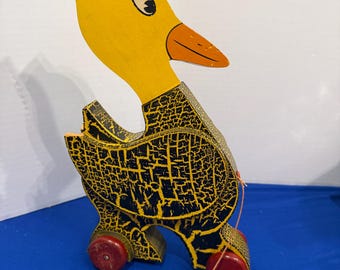 Vintage 1940s Wooden Duck Pull Toy, Red Wheels, Primitive Folk Art, Crackle Paint