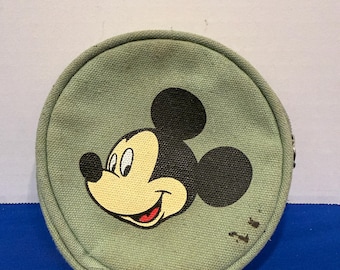 Portamonete vintage Disney Topolino in tela rotonda con cerniera verde, anni '90