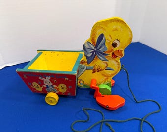 Vintage 1950s Fisher Price #305 Walking Duck Cart Wooden Pull Toy