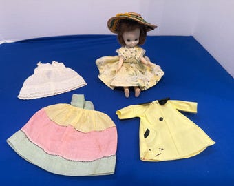 Vintage Betsy McCall Bent Knee 8” Doll, McCall Corp, Brunette with Clothes, Raincoat, Hat