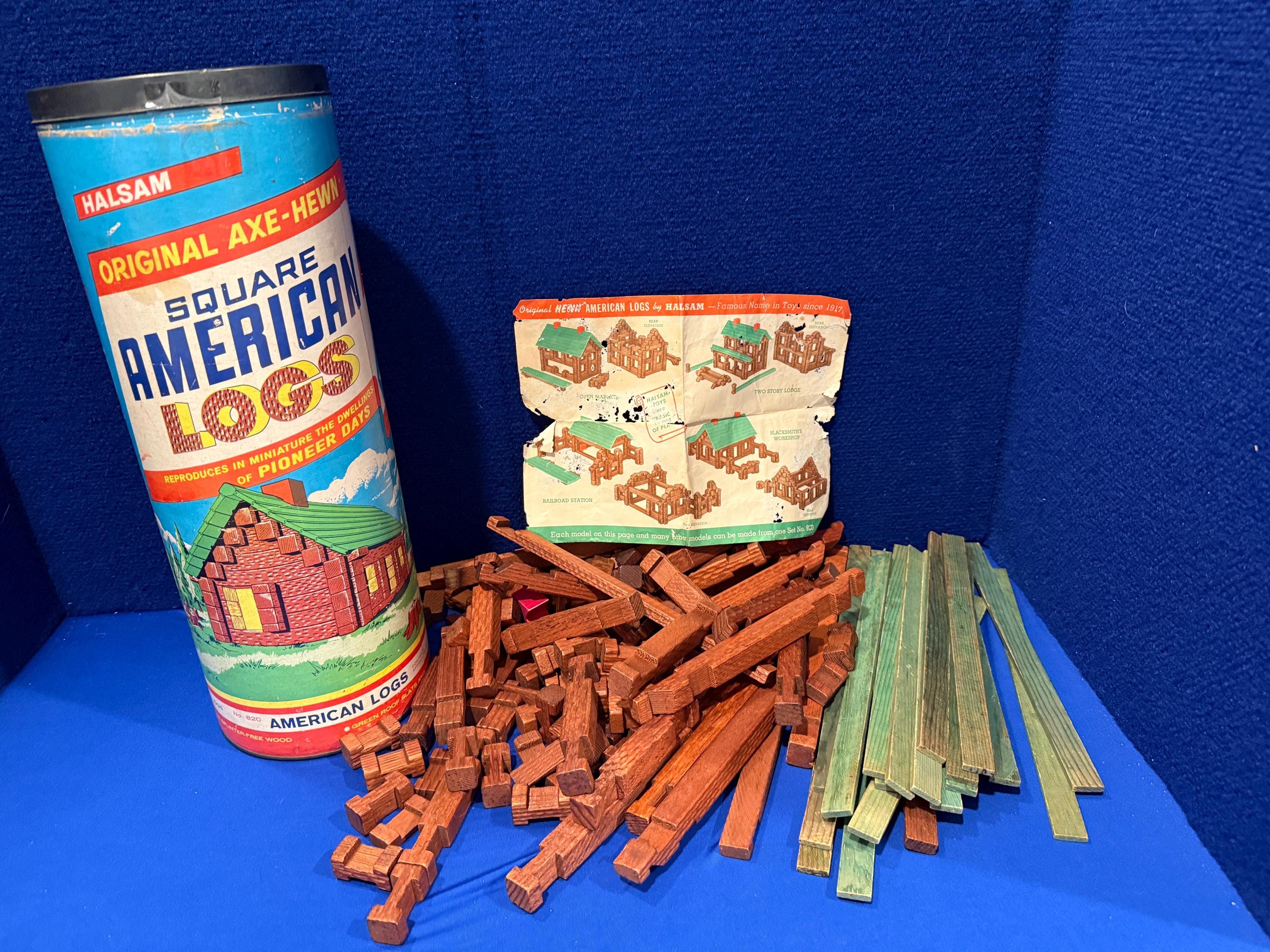 Vintage Halsam American Log Set: 144 Wood Pieces, 1950s Building
