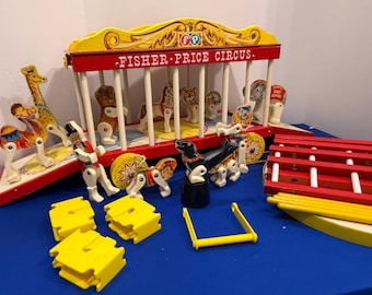 Vintage 1960s Fisher Price Circus #900 Near Complete, 30 Piece Wooden Playset, Instructions