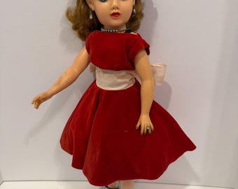 Vintage 1950s Ideal Revlon Doll VT-20, 20” Fashion Doll in Red Velvet Dress with Jewelry & Floral Headpiece
