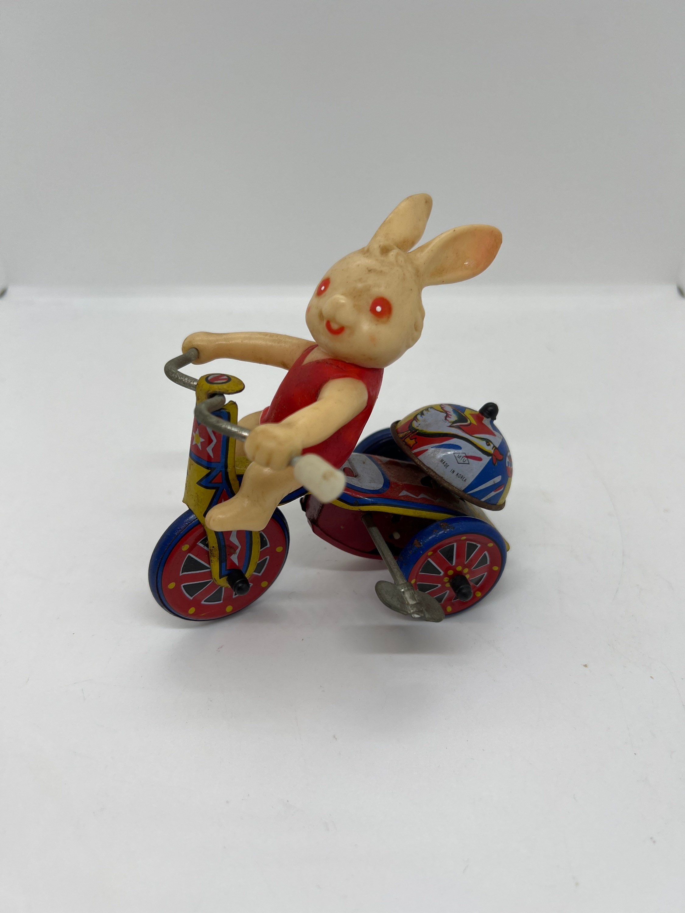 Vintage Metal Wind-up Bunny in Working Order on Tricycle, 1960's