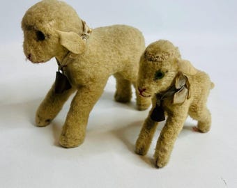 Vintage Lamb/Sheep Pair, Mother & Baby, Cream Plush, Bell Collars, Easter, Nursery Decor