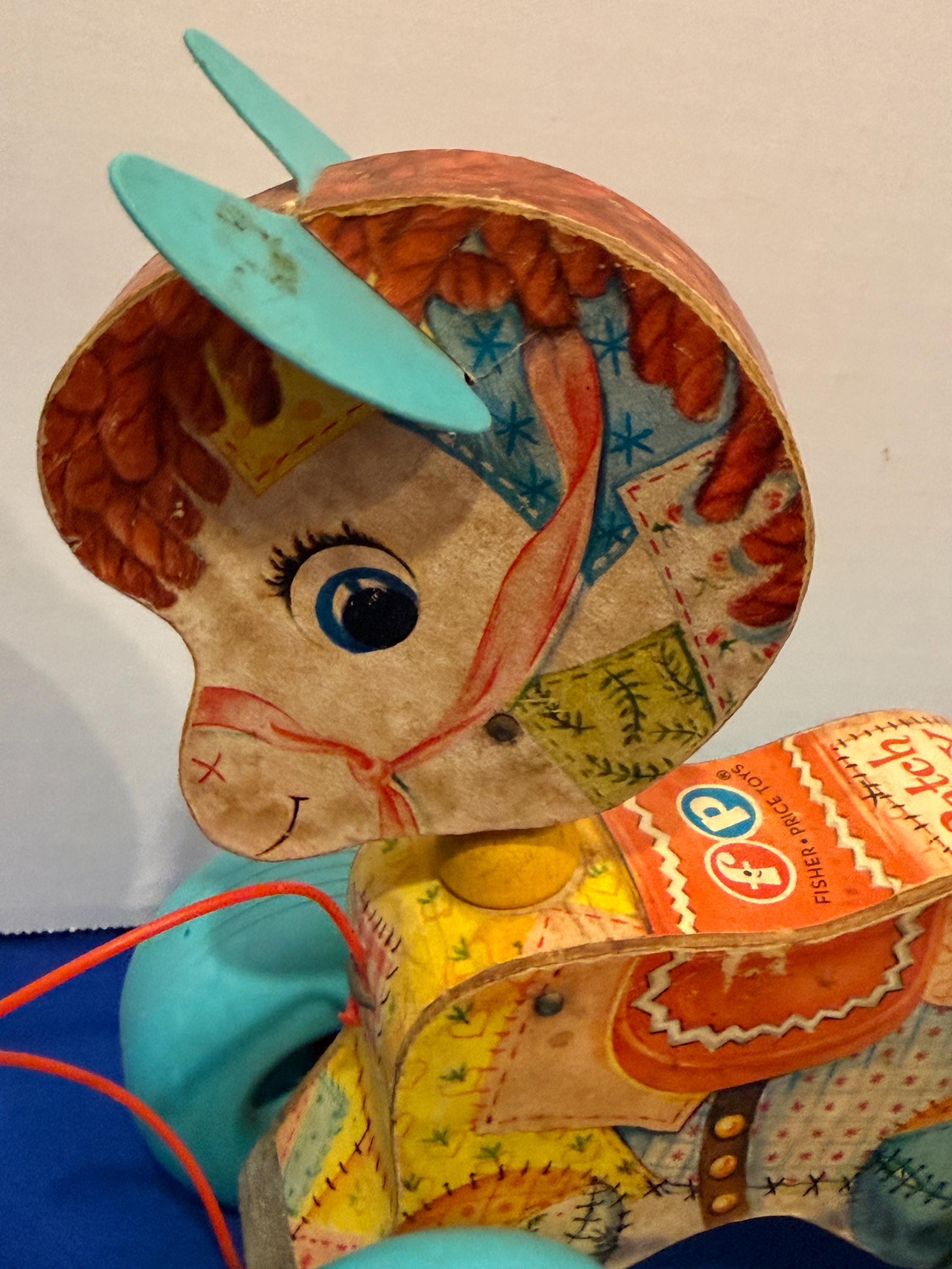 【アンティークTOY】■ 犬 スコッティ フリクション ギミック走行 香港製 Vintage 1962 Fisher-price Patch Pony Pull Toy, Wooden Mid-century