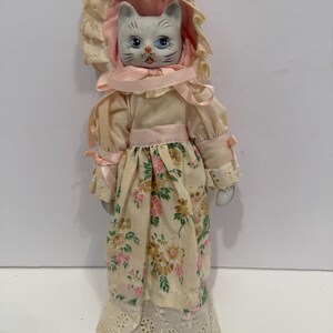 Vintage Bisque Cat Doll in Floral Dress and Bonnet – Victorian
