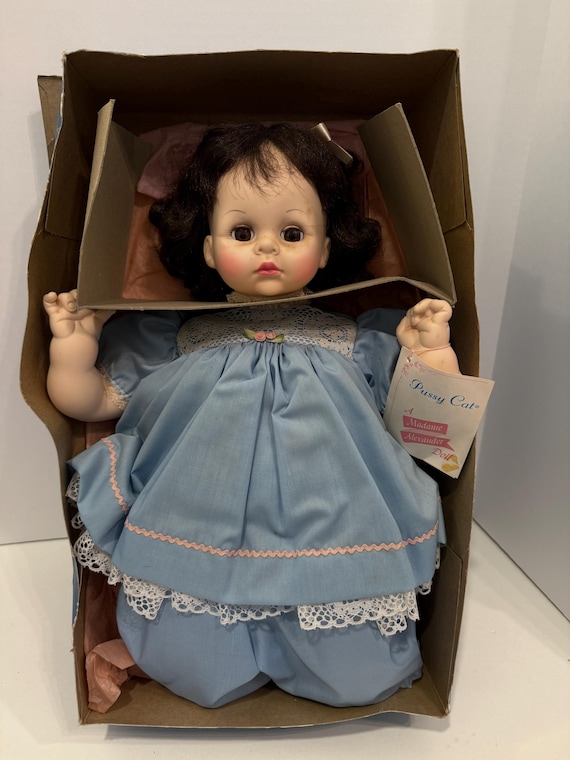 Vintage 1960s Madame Alexander Pussy Cat Doll, Original Blue Dress & Box